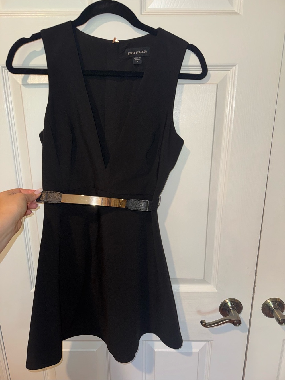 Stylestalker Black Sleeveless V-Neck Mini Dress with Rose Gold Accent Belt